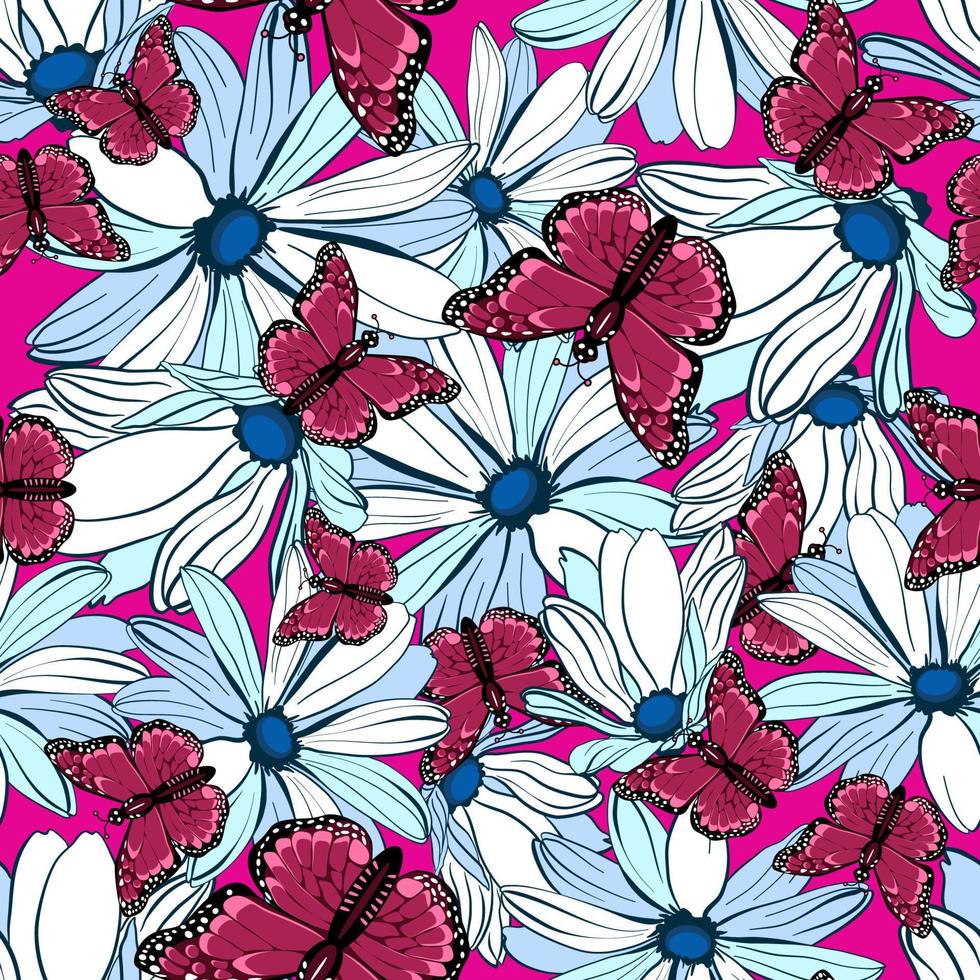 Nahtloses Blumenmuster mit magentafarbenen Monarchfaltern in Gänseblümchen vektor