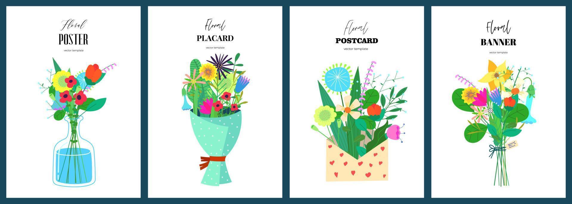 Postkartenvorlage mit abstrakten Zeichnungsblumen in Vase. blumenstrauß kunst handgezeichnete plakatsammlung. botanisch auf frühlingsferienabdeckung. sommer blüht banner. kräuterpflanzen im umschlagplakat vektor