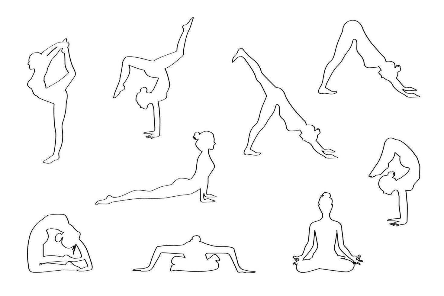 Set von schlanken sportlichen jungen Frauen, die Yoga- oder Fitnessübungen machen. vektor