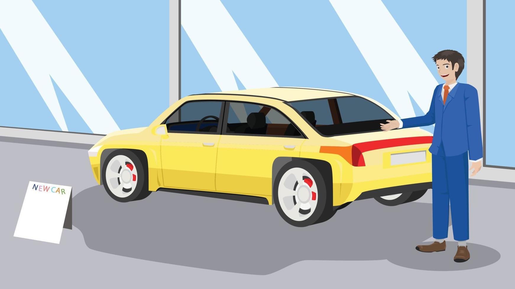 Verkäufer oder Geschäftsmann in Anzügen im Fahrzeugverkaufszentrum mit gelbem Oldtimer im Ausstellungsraum. kann in der luxuriösen Innenausstattung des Autos gesehen werden. vektor