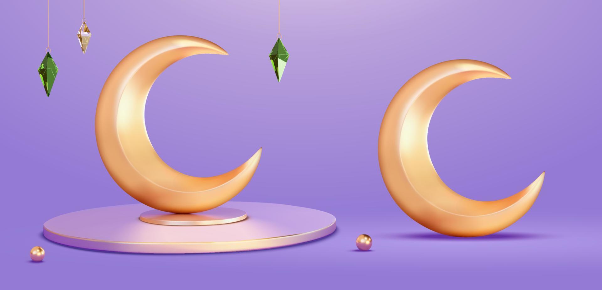 3D-Darstellung von goldenen Halbmonden, Perlenkugeln und hängenden Kristallen. Elemente isoliert auf violettem Hintergrund, geeignet für Islamreligion, Magie oder Nacht vektor