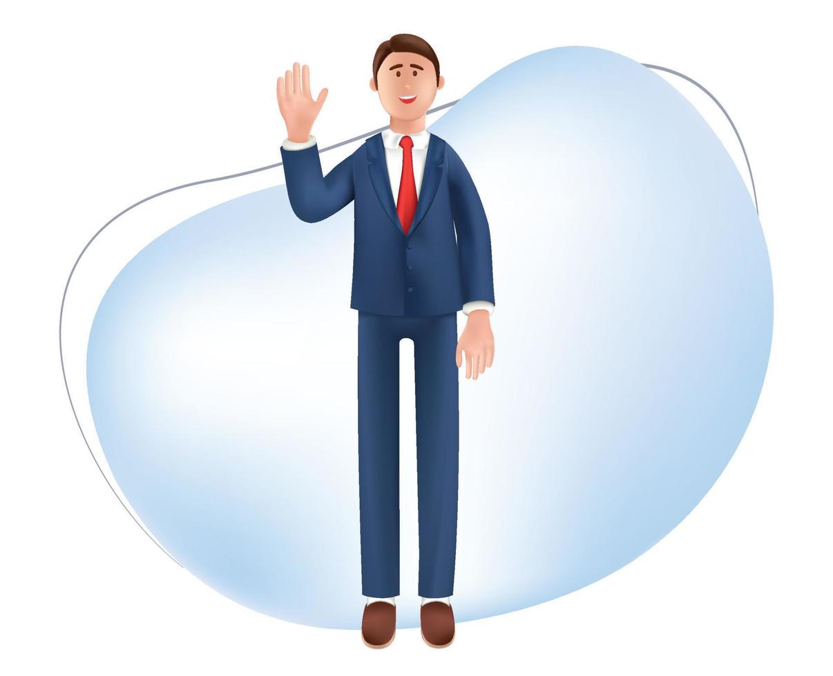 3D-Darstellung eines glücklichen Grußgestenmannes, der mit der Hand winkt. Lächelnder Geschäftsmann der netten Karikatur, der hallo sagt, lokalisiert auf weißem Hintergrund vektor