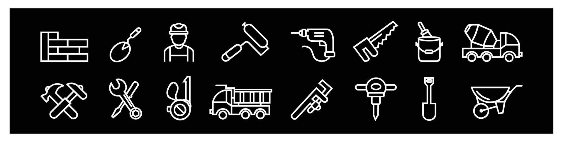 Builder-Tools Baustellen-Workflow- und Management-Design-Ikonen, Maschinen- und Baumaschinen-Gliederungslinien-Logo, für Design auf schwarzem Hintergrund. vektor