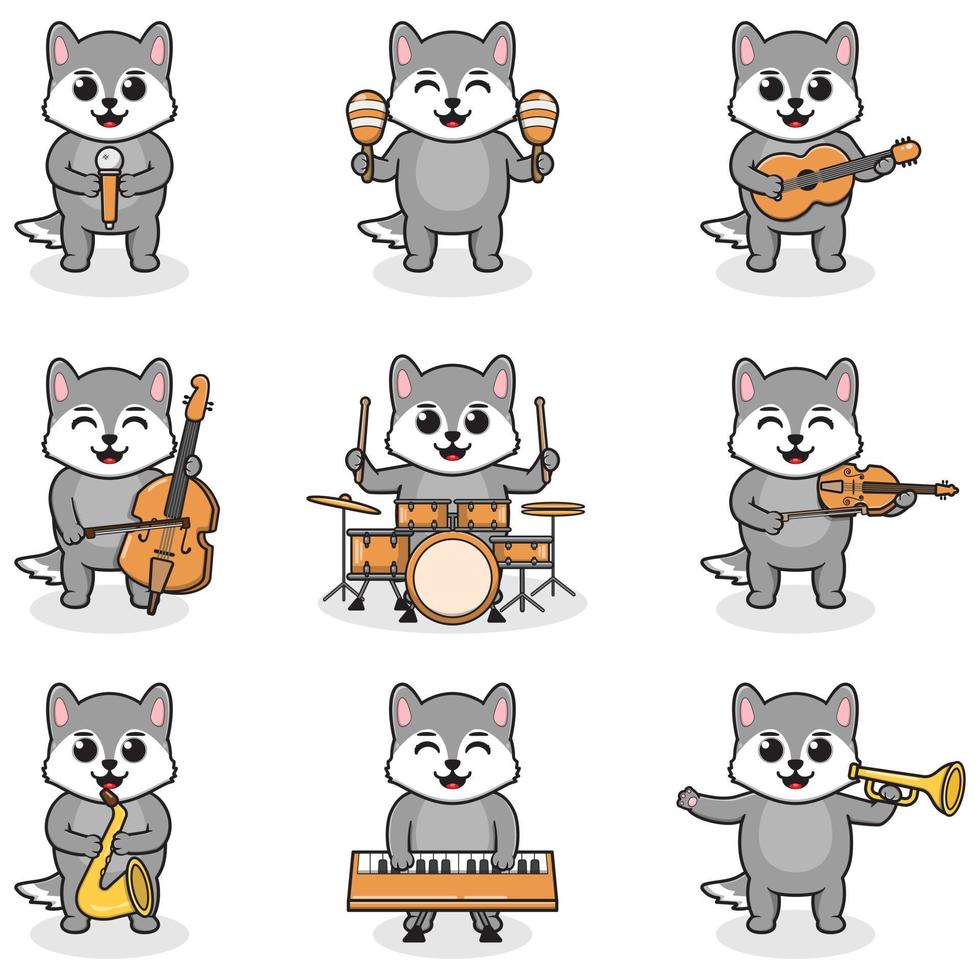 vektorillustration des niedlichen wolfs, der musikinstrumente spielt. eine reihe süßer wolfsfiguren. karikaturtierspielmusik. Tiere Musiker. vektor