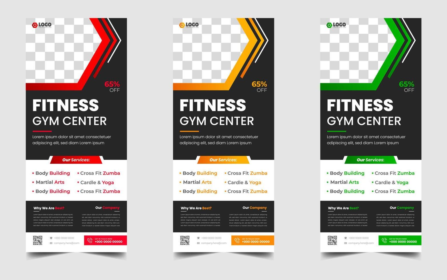 Fitness-Studio-Rollup-Banner oder Standbanner-Designvorlage mit grüner, gelber und roter Farbe. moderne Gestellkarte und DL-Flyer-Designschablone des Firmengeschäfts des Fitness-Studios. vektor