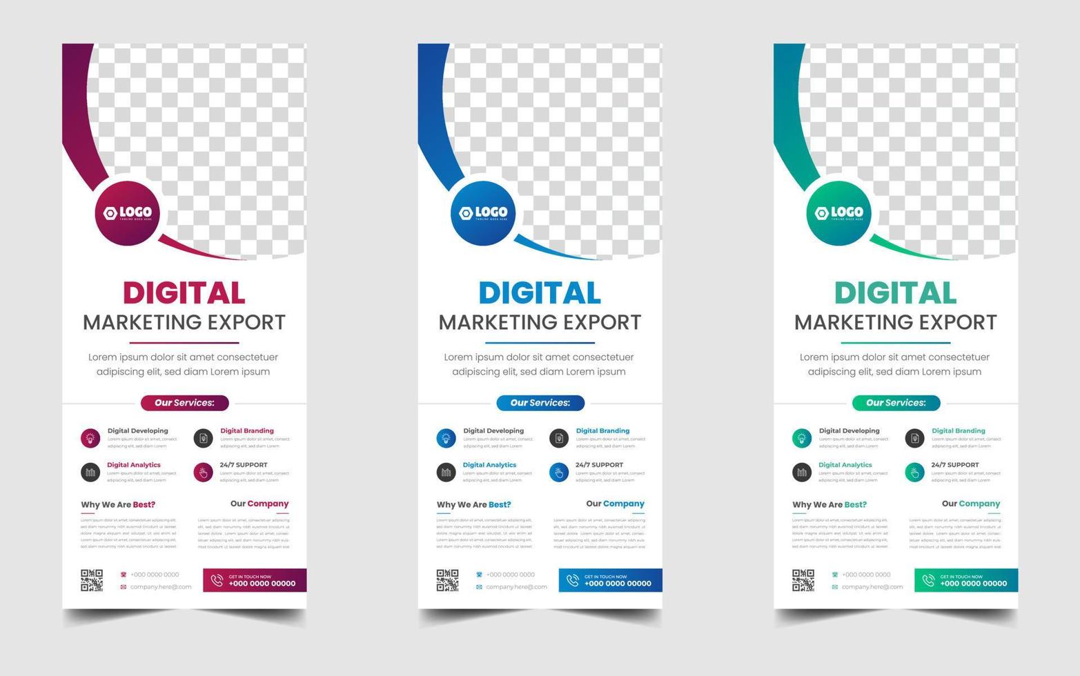 Digital Marketing Corporate Business Roll-up-Banner oder Standbanner-Designvorlage mit blauer, grüner und roter Farbe. digitales marketing unternehmensgeschäft moderne rack-karte und dl-flyer-design-vorlage. vektor