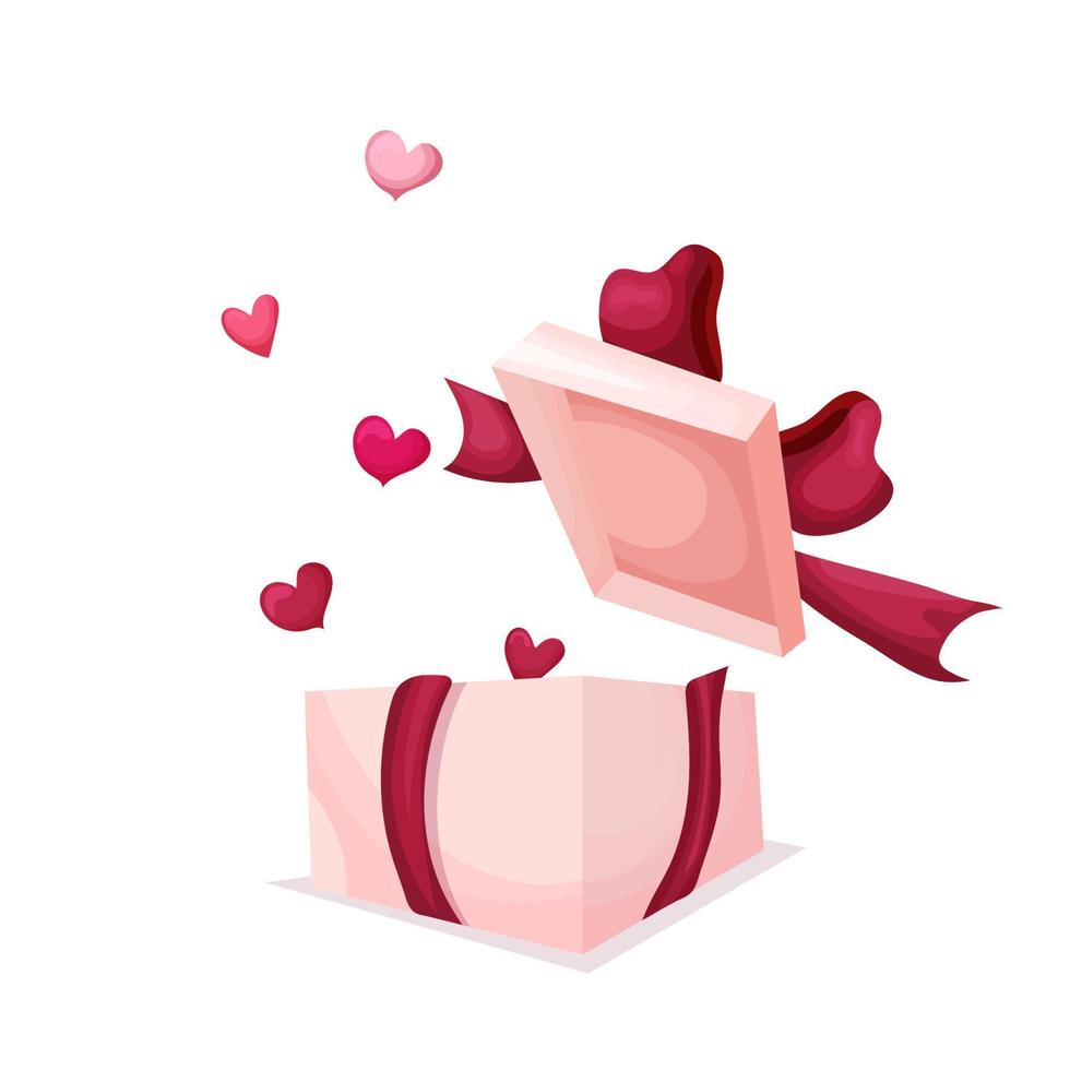 valentinstag karte. Geschenkbox mit Herzen mit Bändern auf weißem Hintergrund. Banner, Postkartenvorlage, Werbung, soziale Netzwerke. Vektor-Illustration. vektor