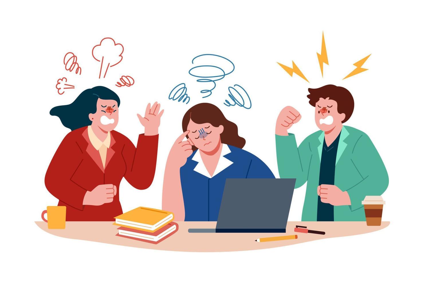 kontor kollegor argumenterar och skrikande med en kvinna Sammanträde på henne skrivbord. platt illustration av relation problem i kollegor eller arbetskamrater. vektor