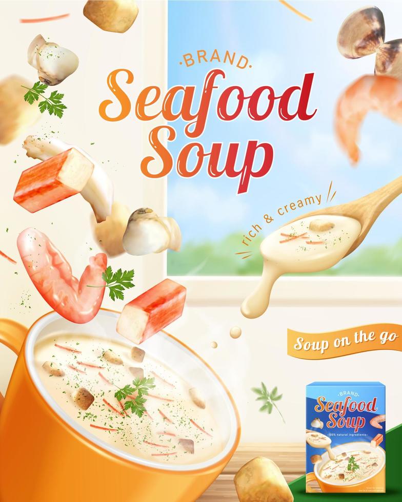 omedelbar krämig skaldjur soppa annons. 3d illustration av skaldjur Ingredienser faller i en kopp av redo tillverkad varm grädde soppa på Hem bakgrund vektor