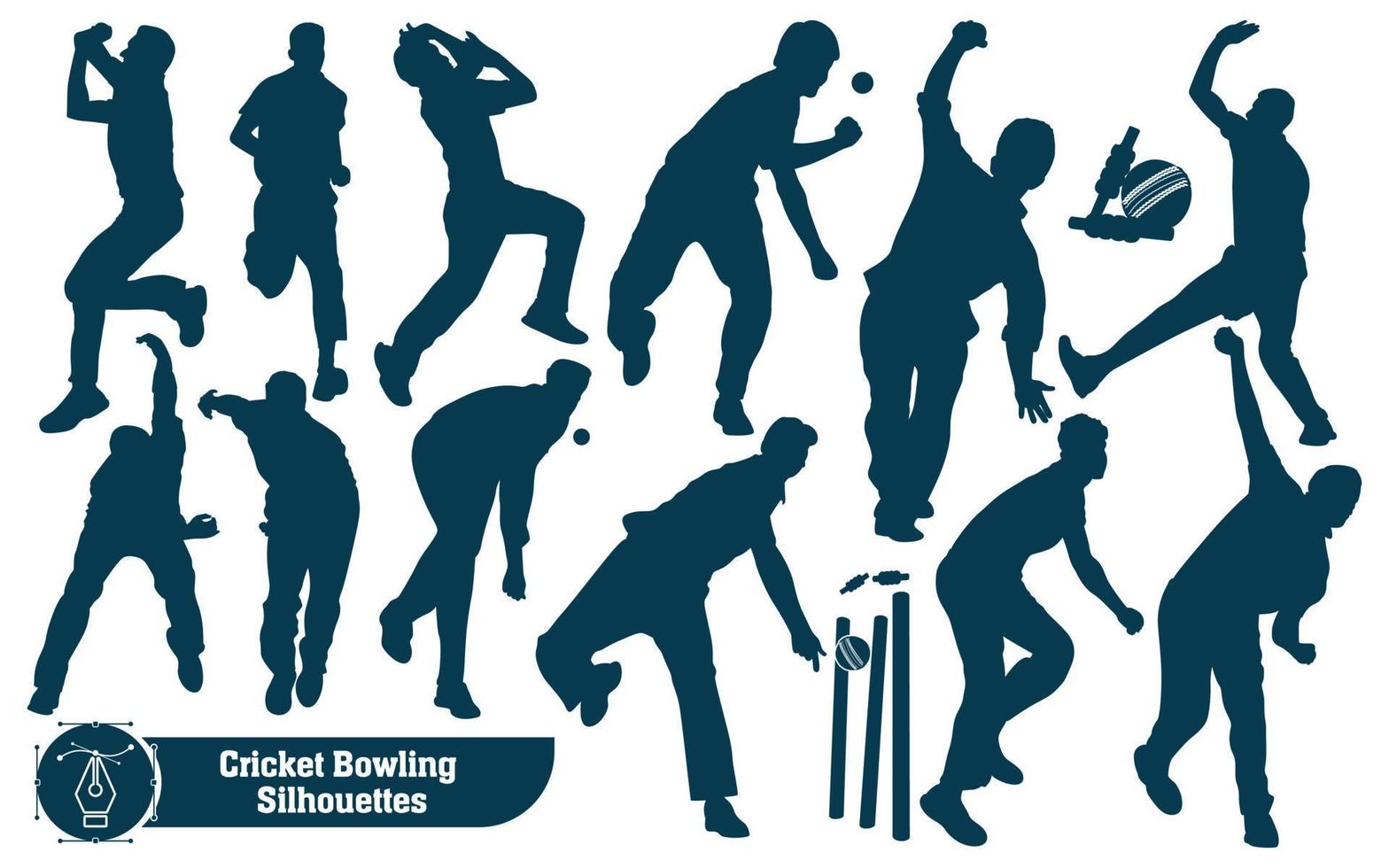 Cricket-Spieler-Bowling-Silhouetten in verschiedenen Posen vektor