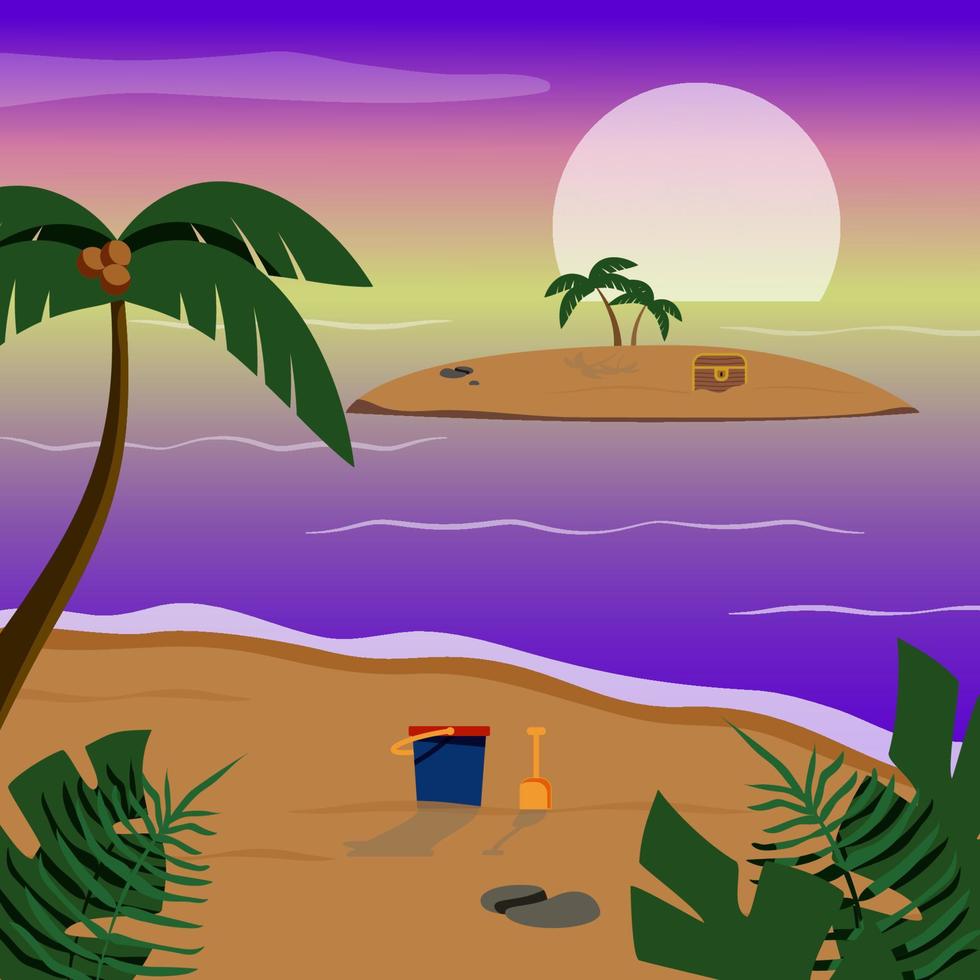 sandig strand med handflatorna. ö i de hav. Semester destination. solnedgång eller soluppgång landskap. vektor illustration i platt tecknad serie stil.