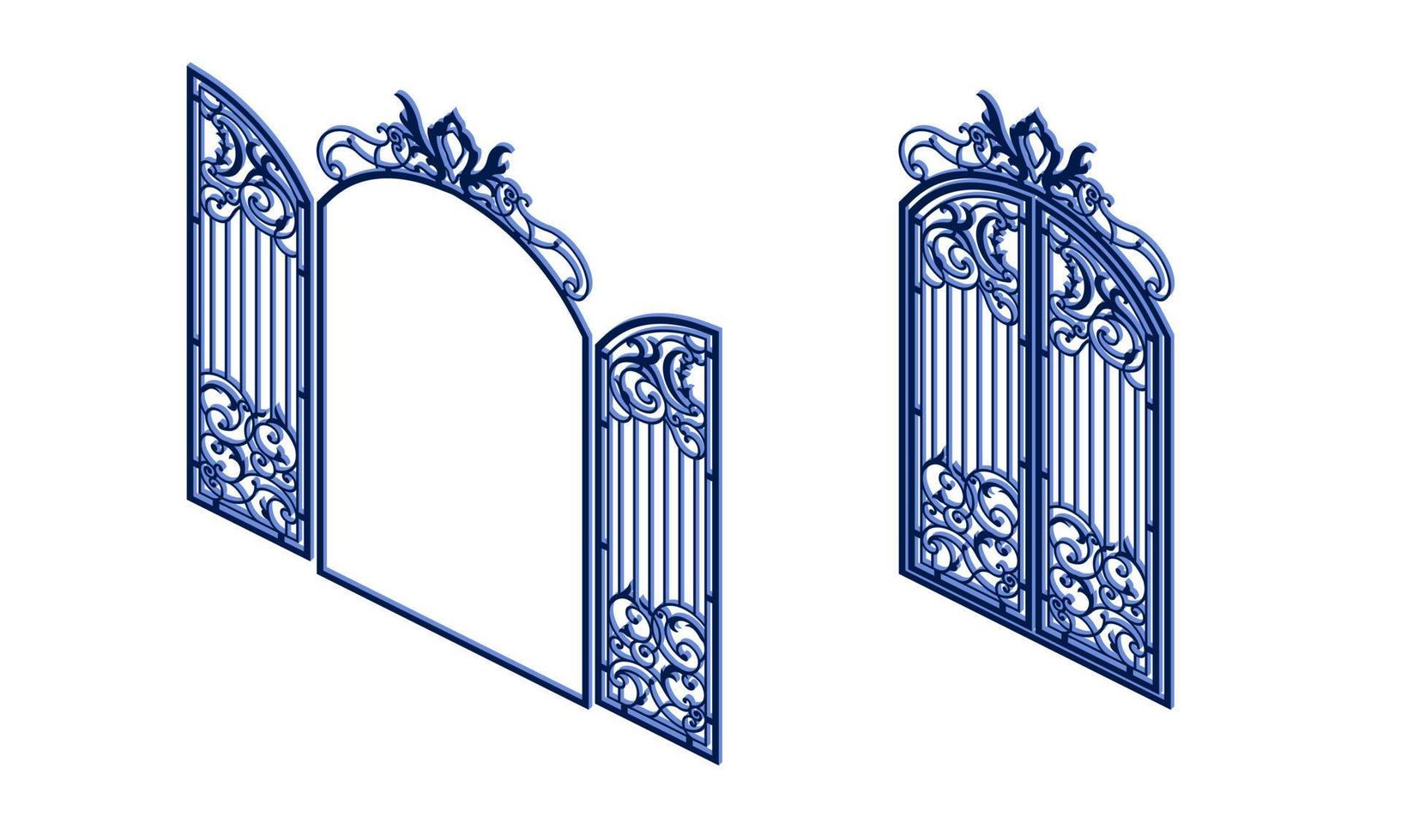 Geschmiedetes Tor in isometrischer Ansicht, offen und geschlossen, um Spielorte zu erstellen vektor