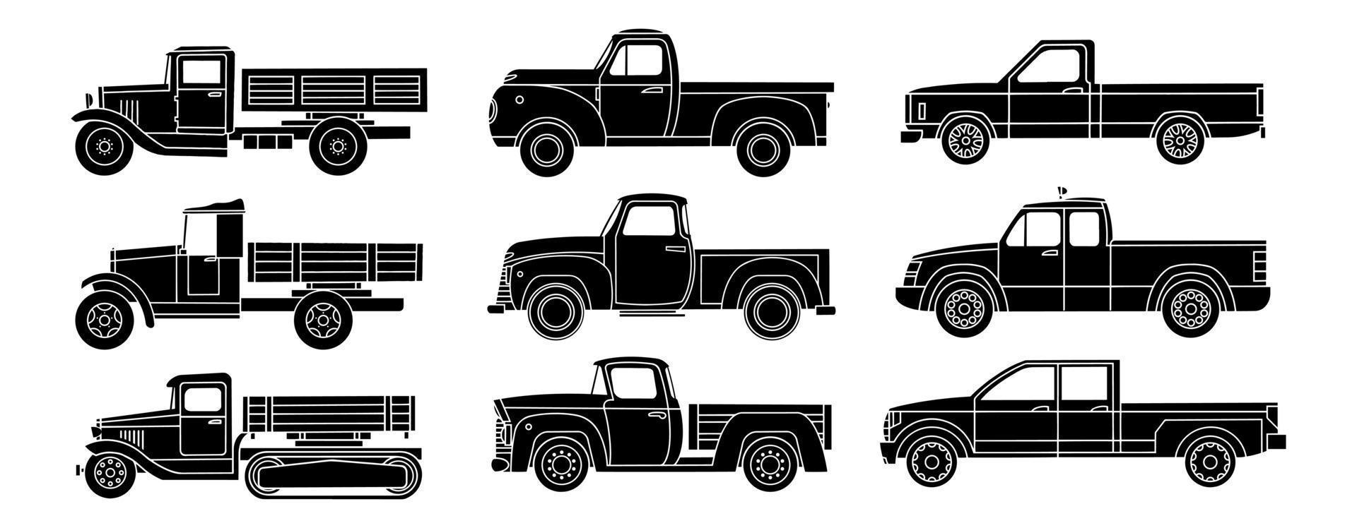 uppsättning av enkel svart ikoner av årgång lastbilar. vektor illustration