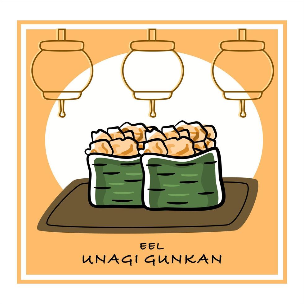 ein Satz Gunkan-Maki-Sushi mit Räucheraal. Unagi-Maki-Rollenillustration mit orientalischem Hintergrund. vektor