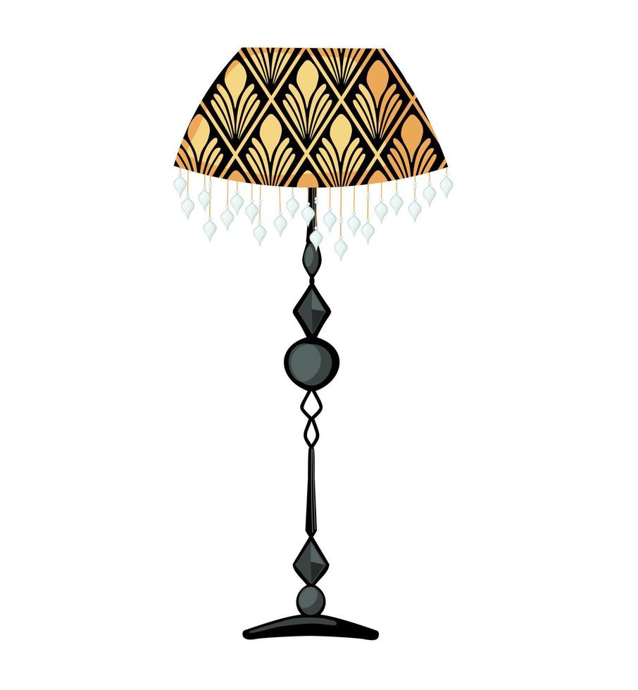golv lampa i konst deco stil. konst nouveau stil. golv lampa med mönstrad lampskärm och kristall hängen. mode stil klistermärke. vektor