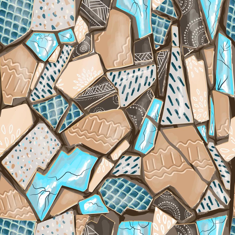 mosaik- sömlös mönster. keramisk bricka bitar. modern keramisk mosaik- sömlös mönster.färgglada bruten trencadis brickor.oändliga design vektor