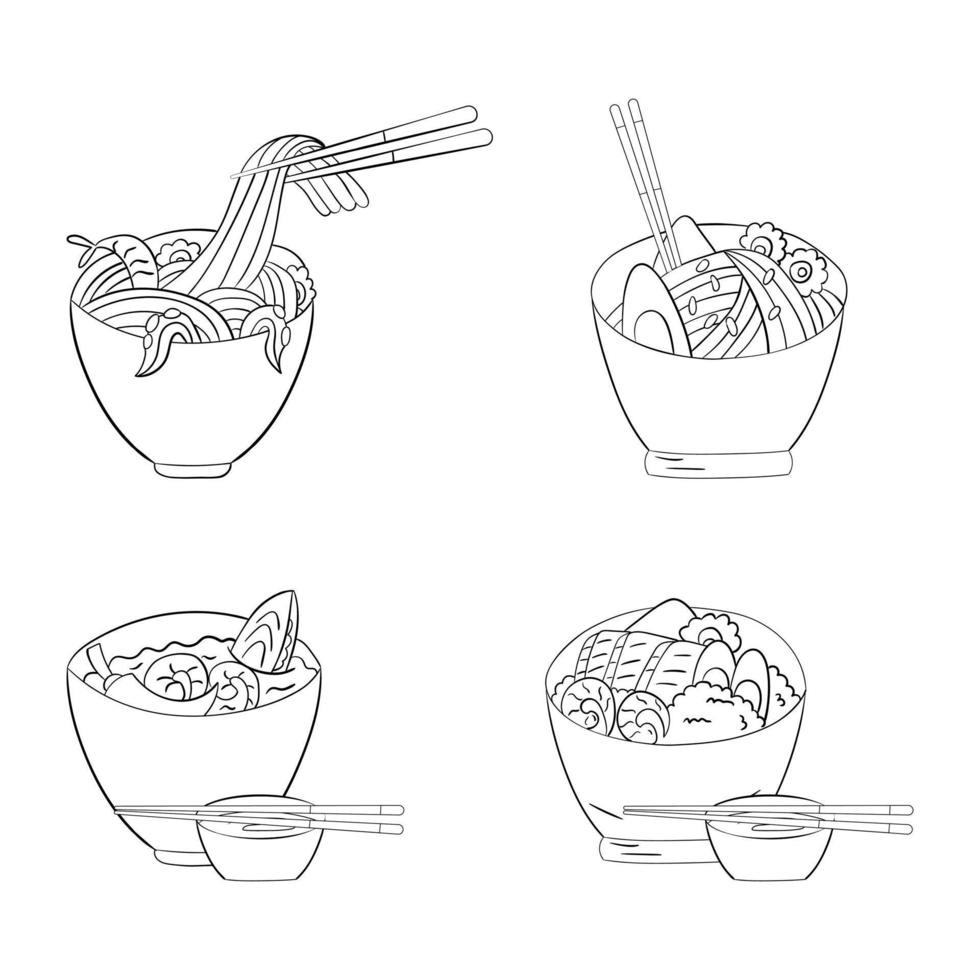 asiatische Speisen in Tellern, Ramen-Nudeln, Tom-Yam-Suppe und Poke-Schüssel. Vektorillustration von Strichzeichnungen vektor