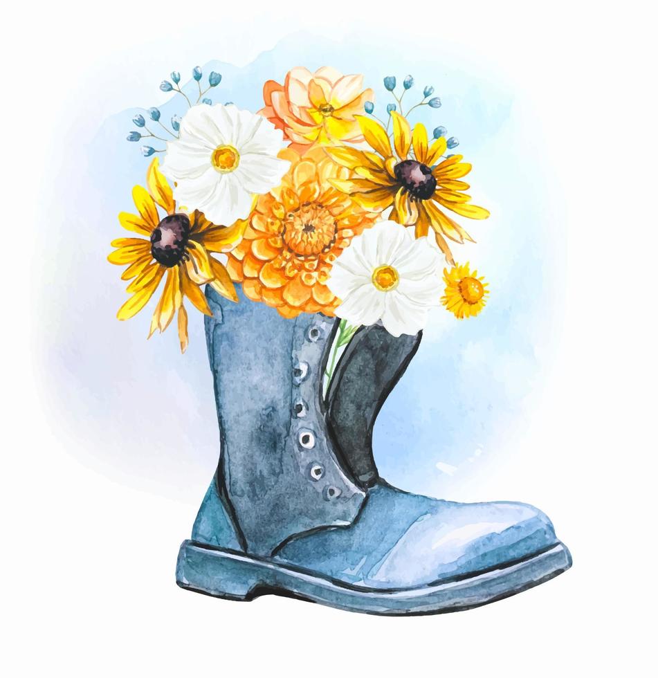 handgezeichneter blauer Vintage-Stiefel mit Blumen, Aquarell vektor