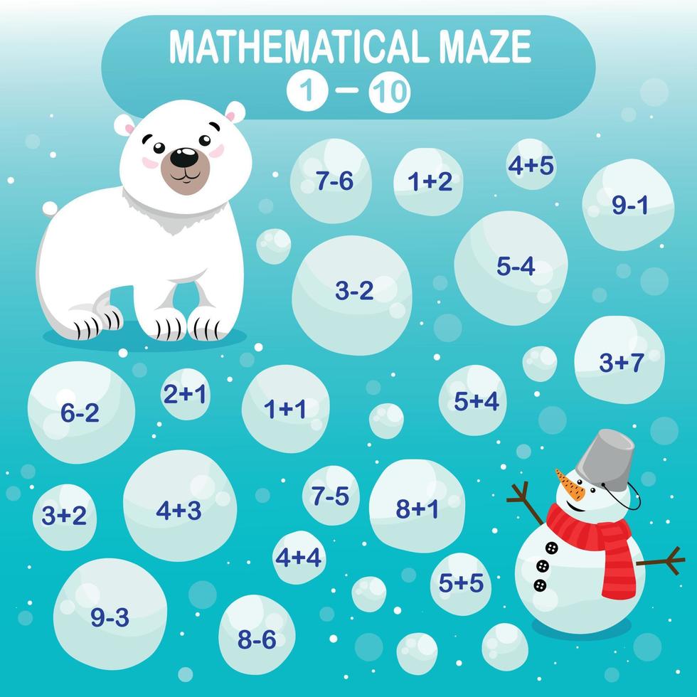 matematik labyrint. mini spel för småbarn, skola, få redo för skola. vinter- samling. arktisk djur av söder Pol. de polär Björn rullar snöbollar och bygger en snögubbe vektor