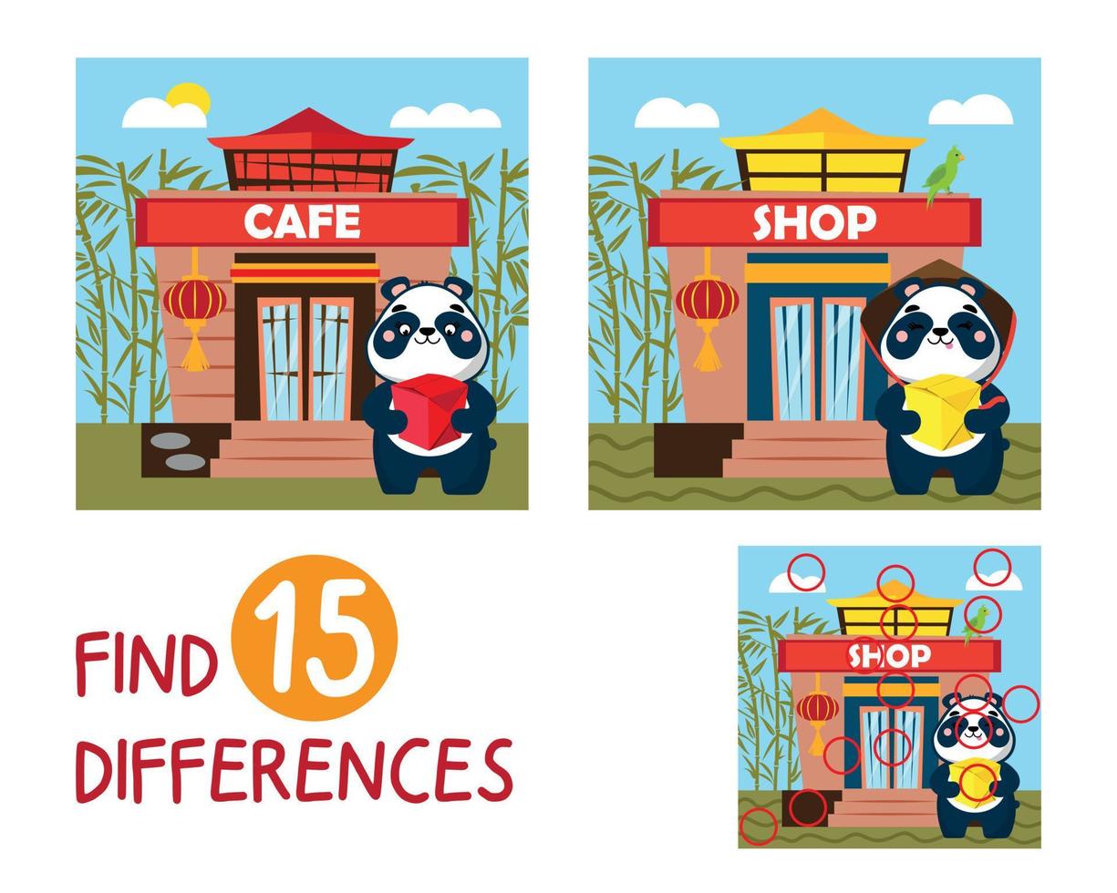 Minispiel für Kinder. Finden Sie 15 Unterschiede in Bildern für Kinder. Grundschulalter. süßer Panda in der Nähe des japanischen, chinesischen Cafés, kauft Nudeln. Aktivitätsbuch, Unterhaltung, Lernen vektor