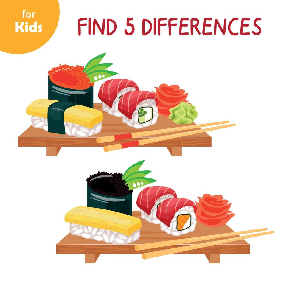 Finden Sie 5 Unterschiede. Entwicklung, Lernspiel für Kinder. Cartoon-Vektor-Illustration. Teller mit Sushi im Cartoon-Stil. asiatische Essensserie. japanisches essen, traditionen, kultur. vektor