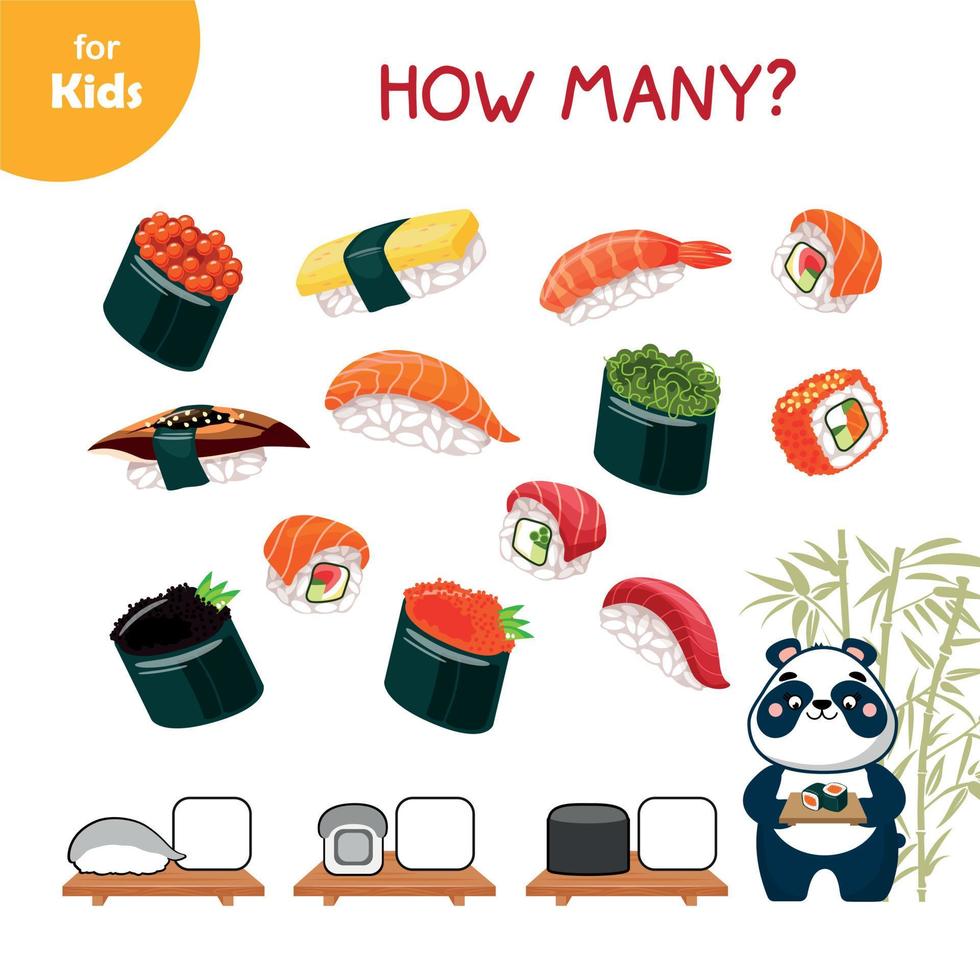 traditionell asiatisk mat. mini spel för barn på vilket sätt mycket. hjälp de söt panda räkna de annorlunda typer av sushi. asiatisk mat, undervisning förskola barn. japansk kultur, kök av annorlunda nationer vektor