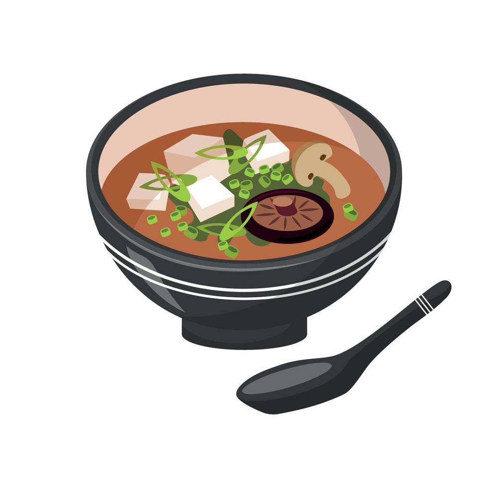 asiatisches essen, misosuppe. japanische suppe mit pilzen und algen. Nahaufnahme eines Tellers mit Essen. nationale Küche vektor