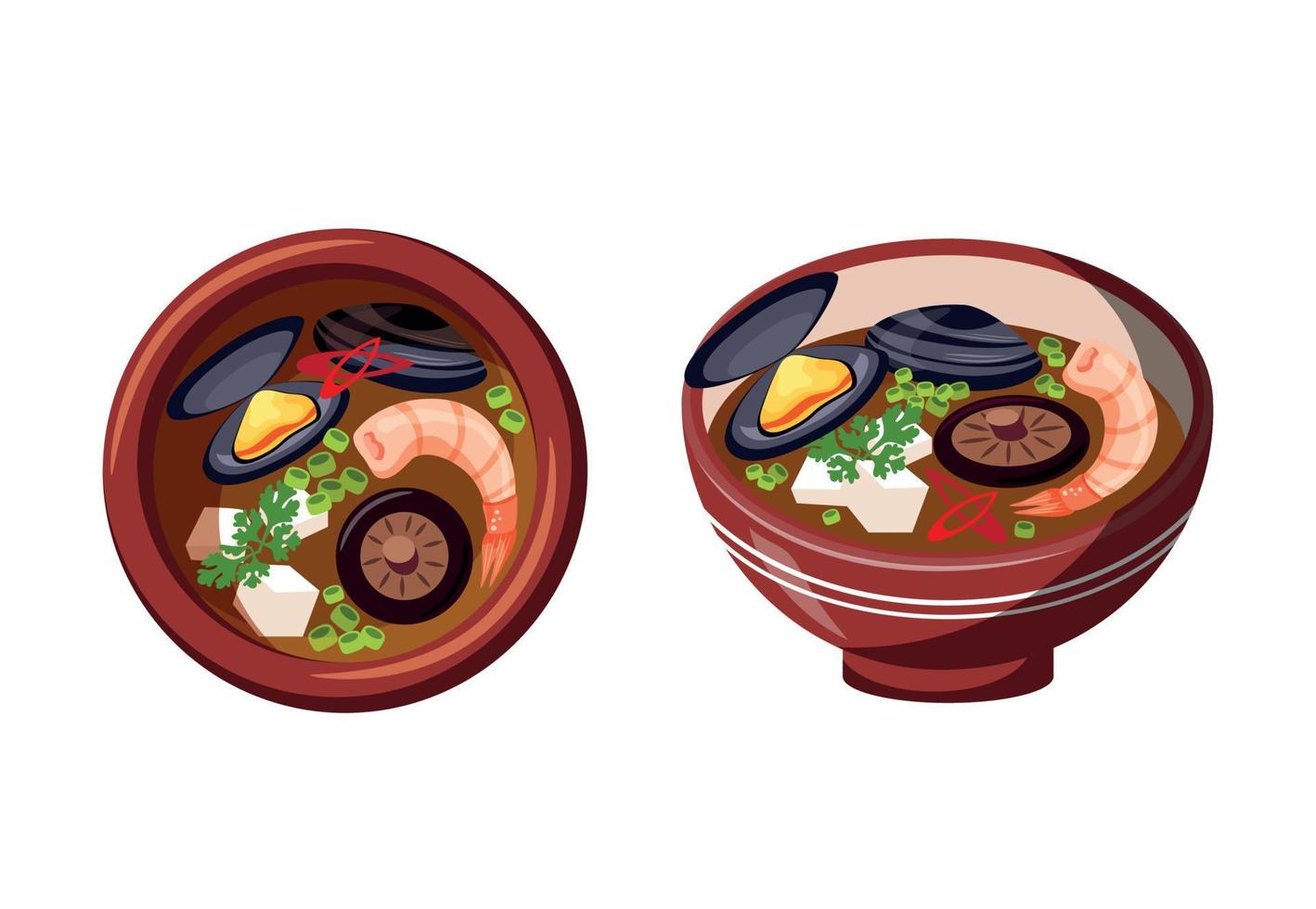 asiatisk kök soppa med musslor, shiitake svamp och räkor. traditionell skaldjur maträtt, närbild. vit bakgrund, isolerat objekt. traditionell japansk soppa. friska mat, skaldjur vektor