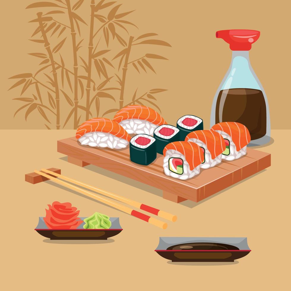 asiatisches Essen. ein Satz Sushi auf einem traditionellen Holzteller und ein Satz Essstäbchen. Sushi, Brötchen, Nigiri, Soße, Wasabi. schöner brauner Hintergrund mit Bambus. konzept für menü und plakat, banner vektor