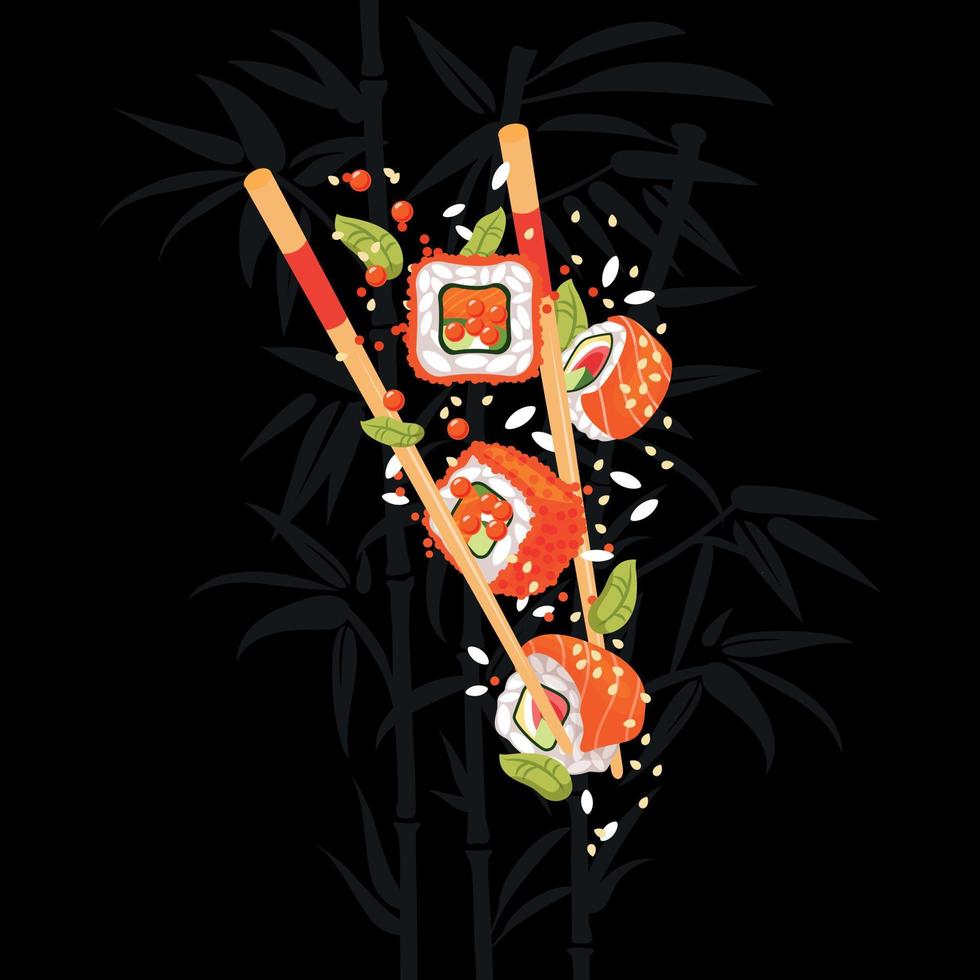 asiatisches Essen. Levitation von japanischem Essen. asiatisches traditionelles essen. fliegendes Sushi und Sticks. schwarzer Hintergrund. designkonzept für menü, poster. Sushi, Brötchen mit Lachs, Garnelen, Thunfisch. populares Essen vektor