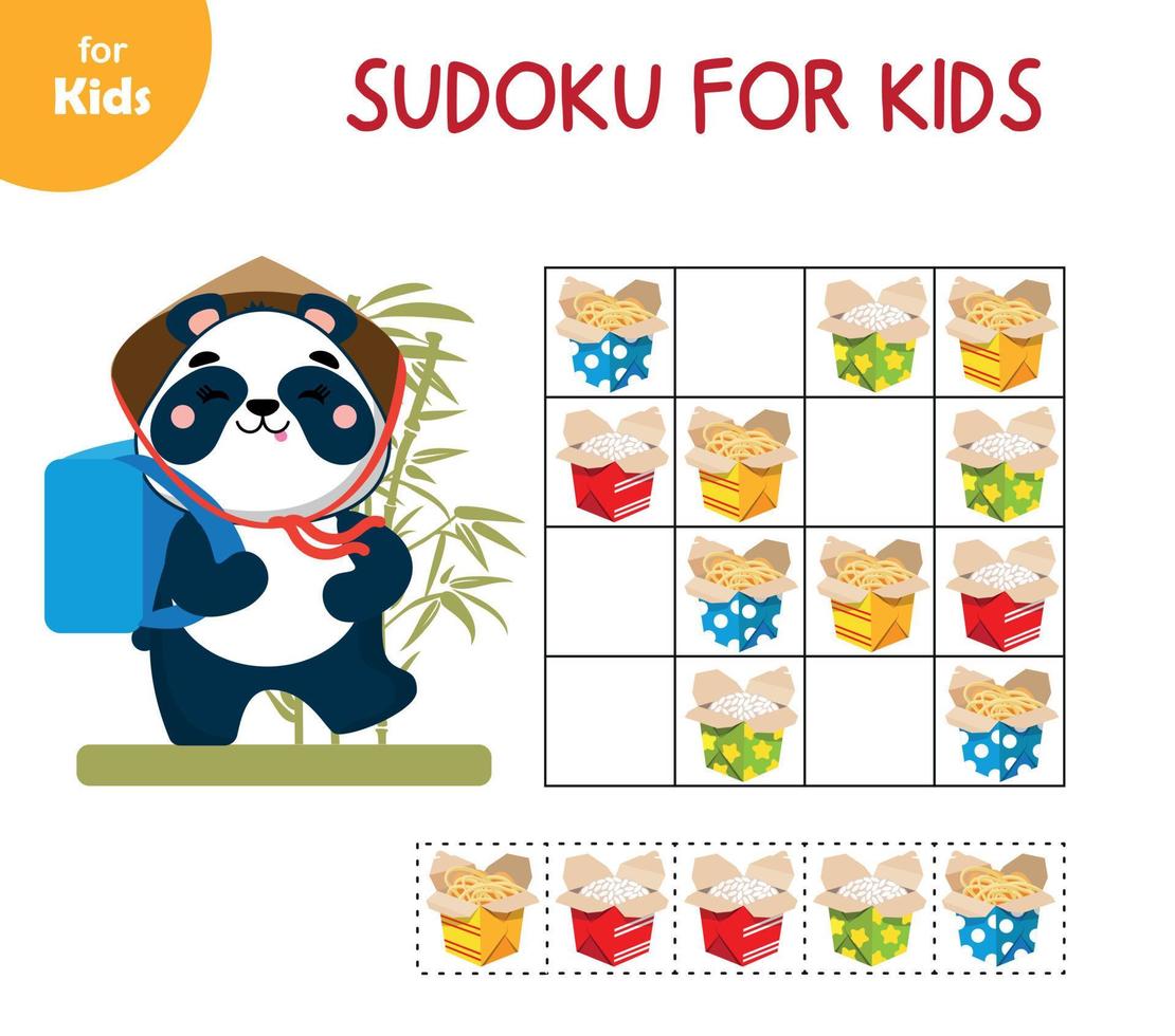 mini spel för ungar, sudoku. asiatisk kök. hjälp panda leverera mat från Kafé, fylla tömma Plats, förskola utbildning. japansk kultur, kök av annorlunda nationer. traditionell asiatisk mat. vektor