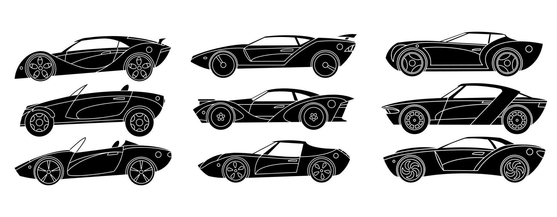 uppsättning av svart silhuetter av sporter bilar. vektor illustration.