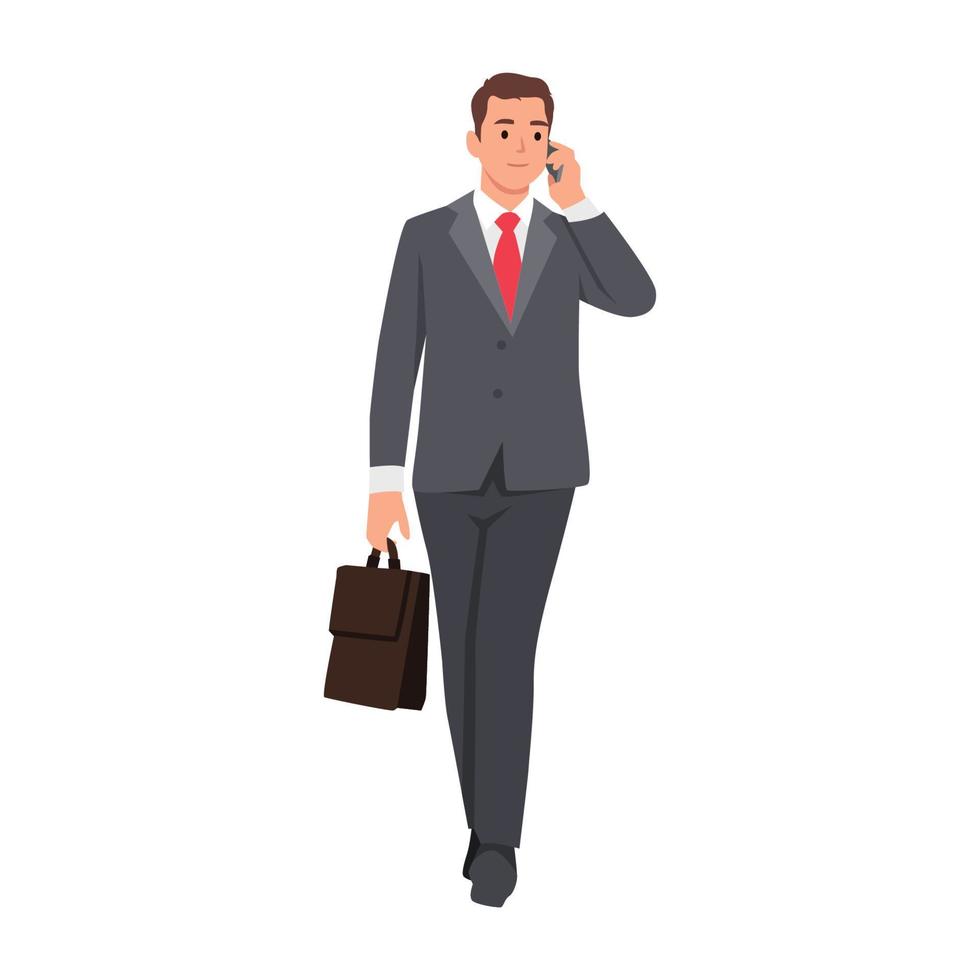 ung affärsman promenad med mobiltelefon talande och innehav portfölj. platt vektor illustration isolerat på vit bakgrund