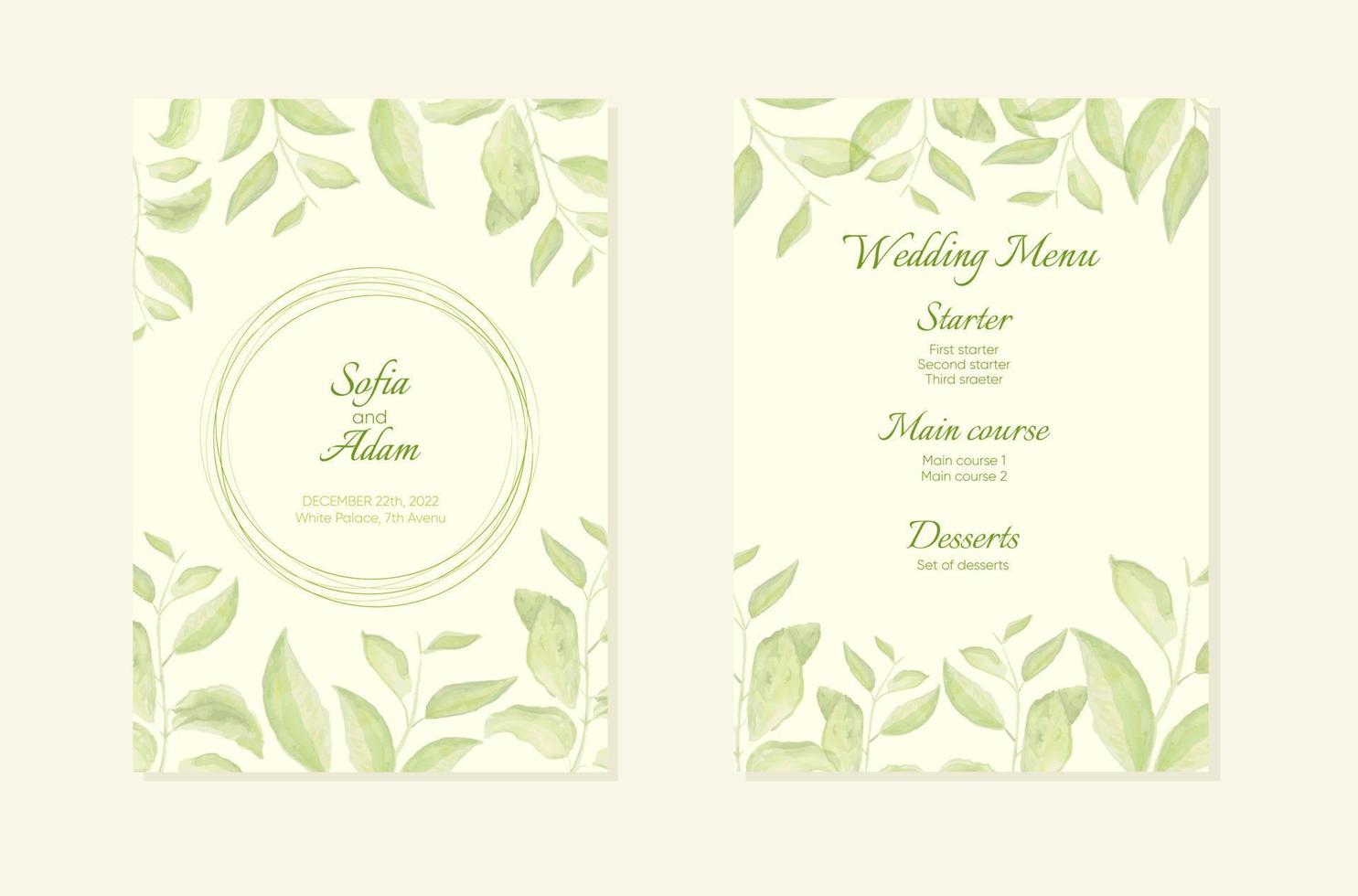 pflanzlicher minimalistischer Vektorrahmen. handgemalte zweige auf weißem hintergrund. Hochzeitseinladung im Grünen. Aquarell-Stil. vektor