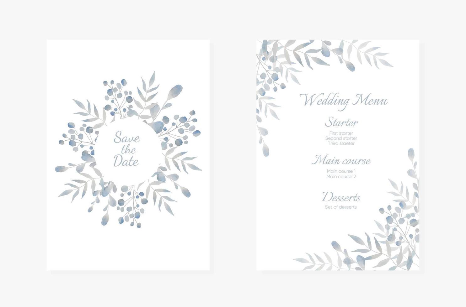 Einladungskarten zur Hochzeit. hellblaues aquarellstil-kollektionsdesign, einladungs- und menüvorlage. Vektor einladen.