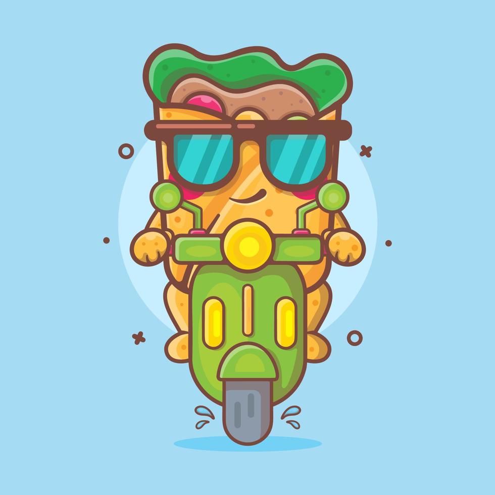cooles burrito essen charakter maskottchen reiten scooter motorrad isoliert cartoon im flachen stil design vektor