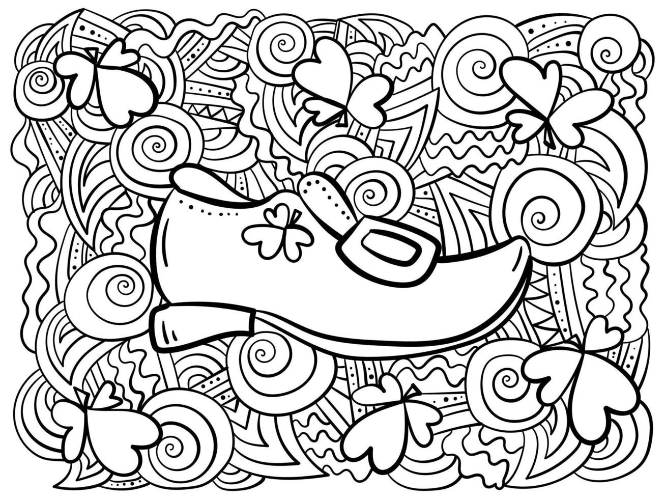 pyssling sko med vitklöver klöver för Bra tur och fantasi mönster rader, antistress st. Patricks dag färg sida vektor