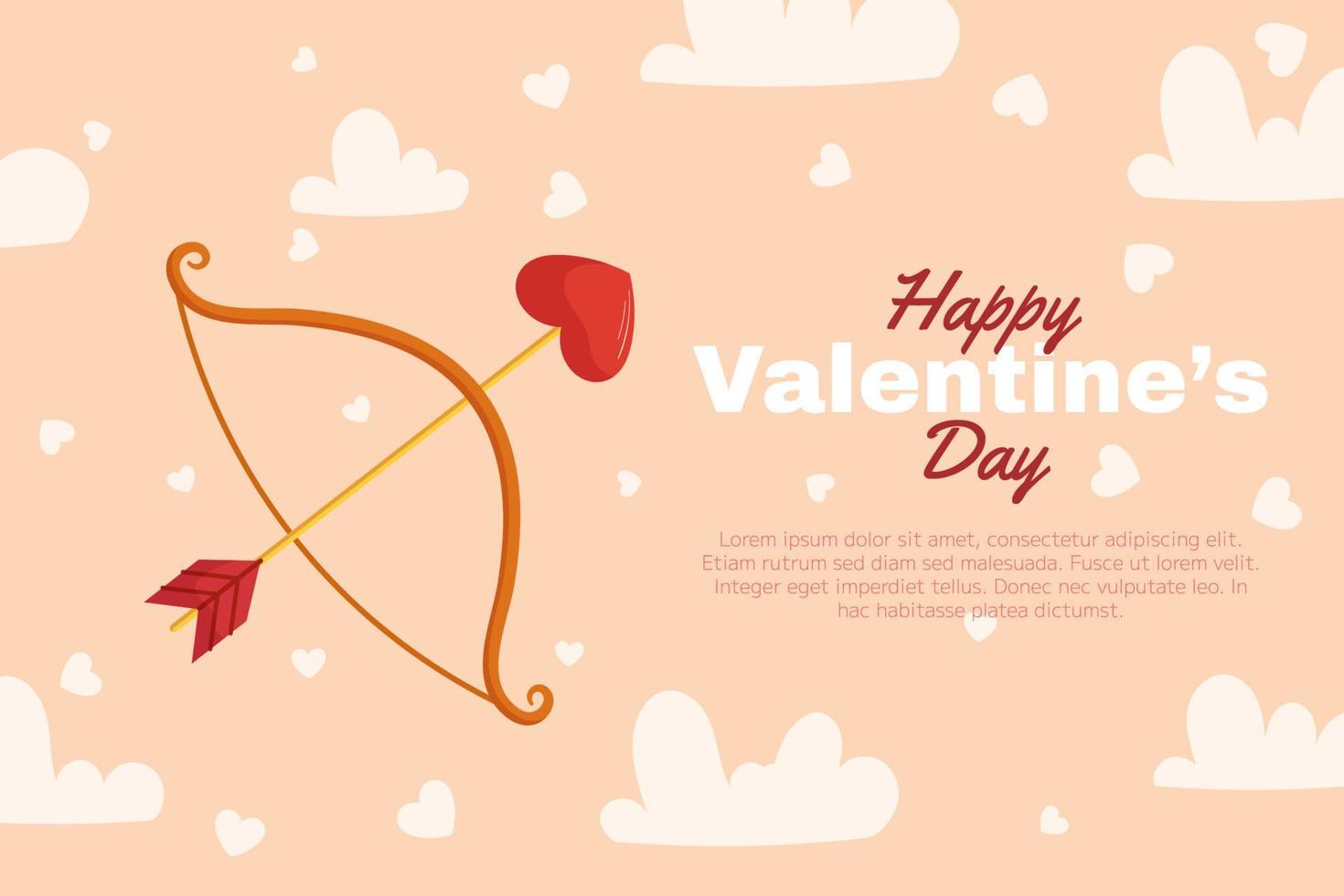 st. Valentinstag Hintergrunddesign mit Pfeil und Bogen mit einer herzförmigen Pfeilspitze, Wolken und Herz herum auf beigem Rücken. Grußkarte vektor