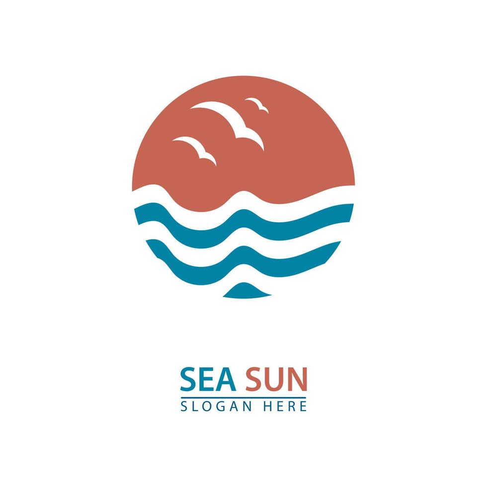 hav vågor Sol och seagulls turist logotyp ikon vektor