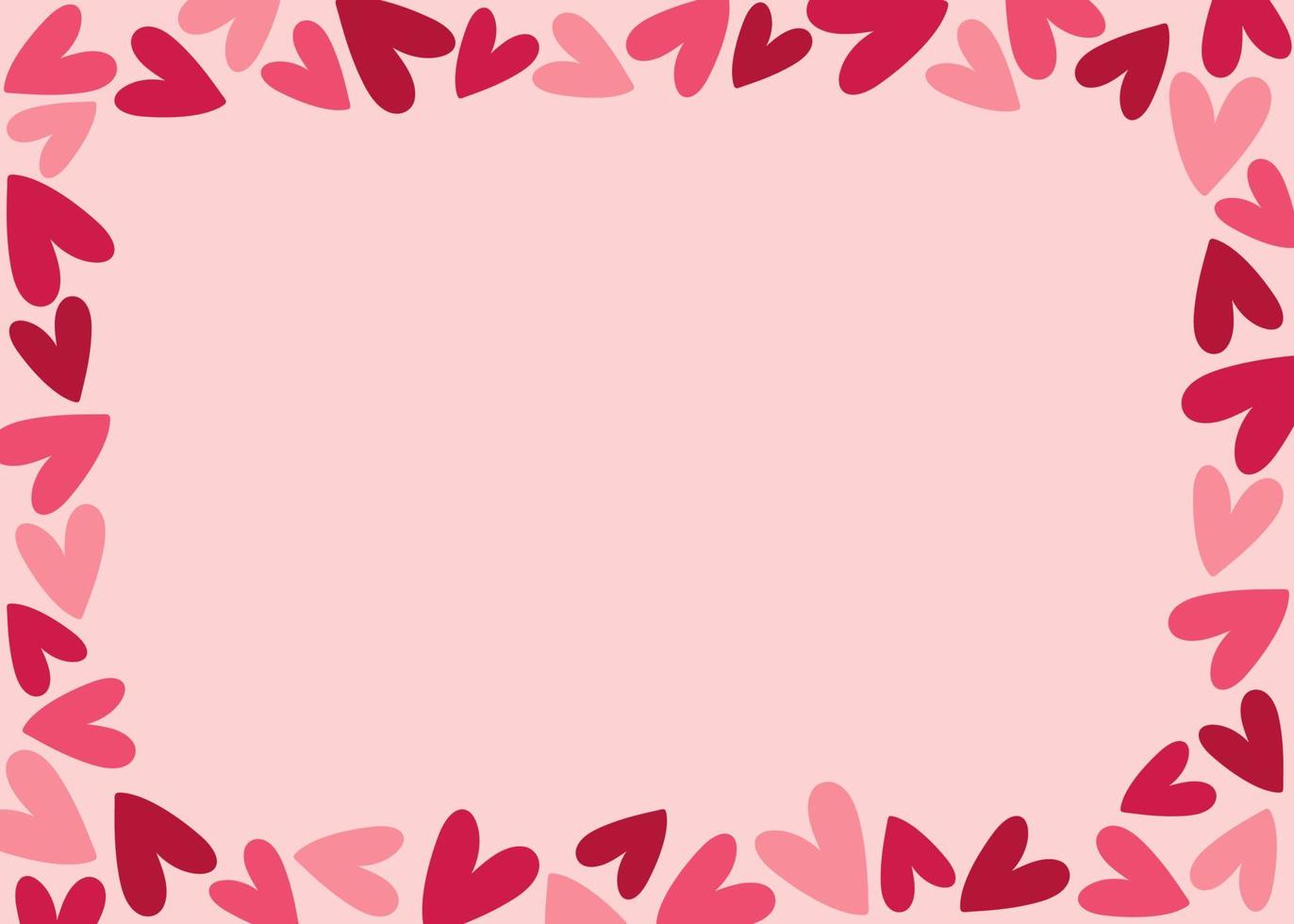 horizontaler Rahmen mit rosa und roten Herzen auf rosa Hintergrund. handgezeichneter Doodle-Stil vektor