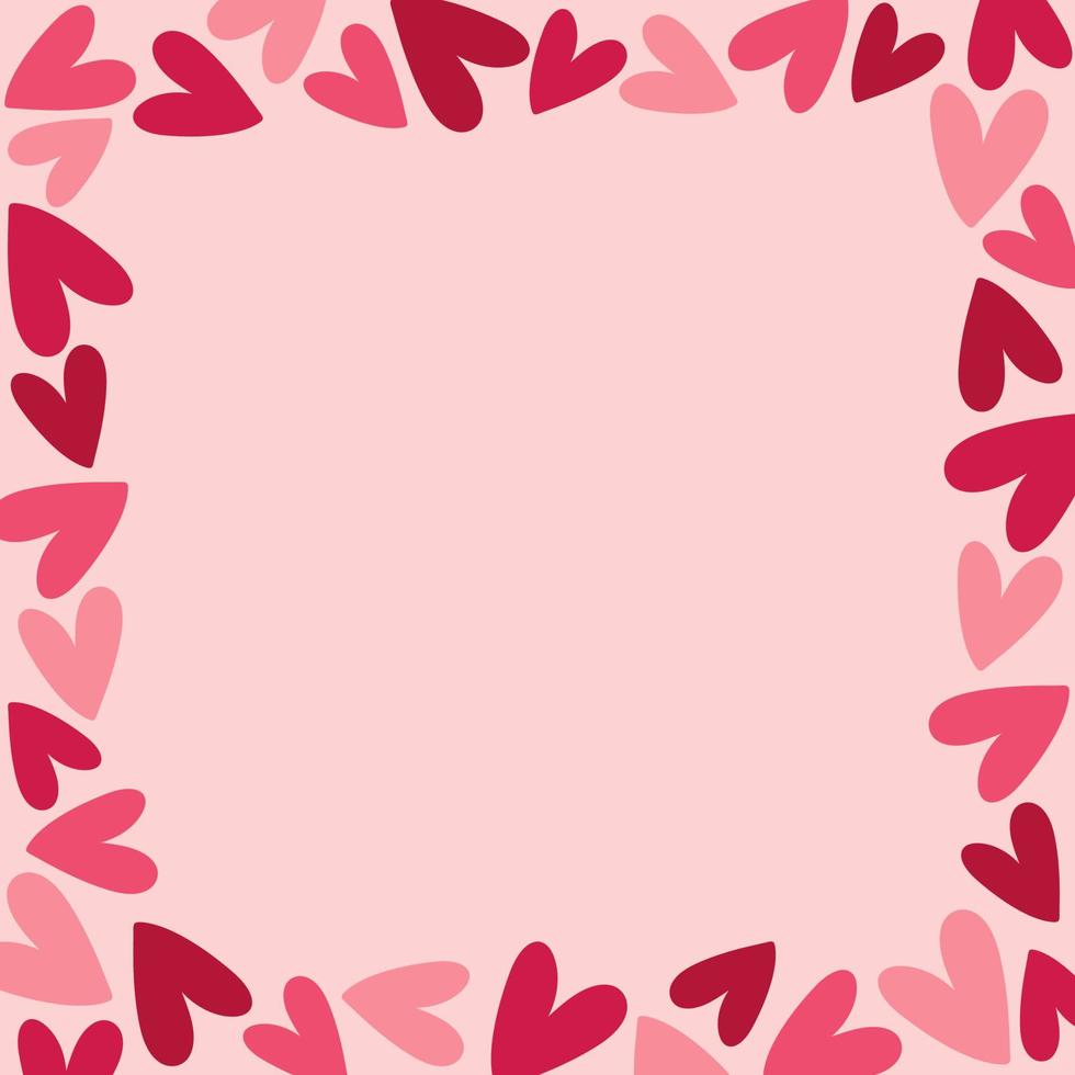fyrkant ram med rosa och röd hjärtan på rosa bakgrund. hand dragen klotter stil vektor