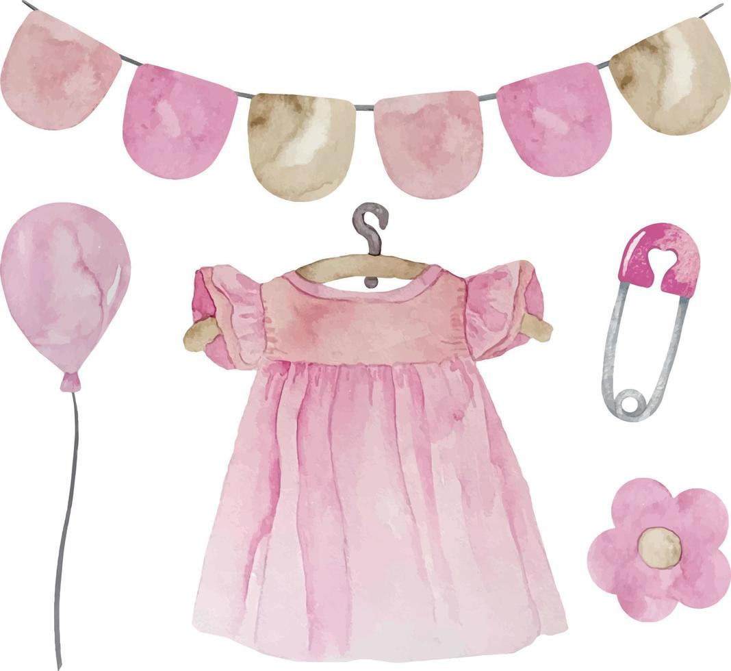vattenfärg uppsättning av bebis flicka rosa element med napp, bebis klänning, stift och ballong illustration. dess en flicka uppsättning vektor