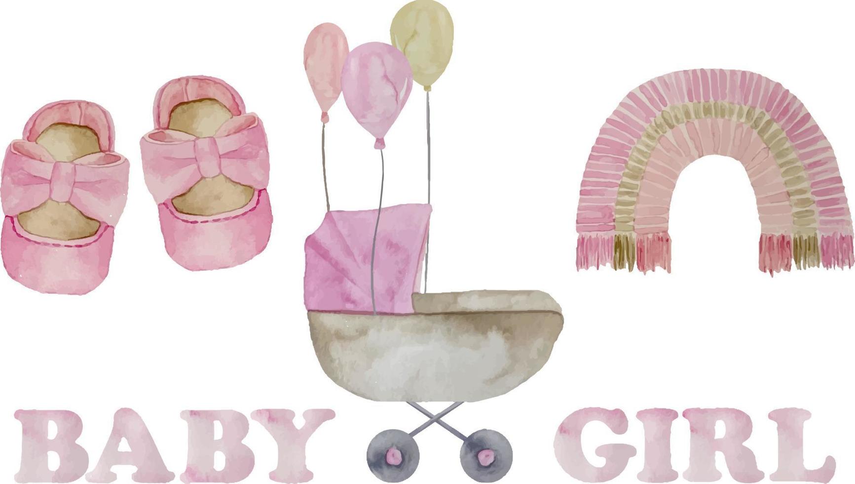 vattenfärg bebis flicka rosa sittvagn med ballonger illustration, rosa boho regnbåge och skor. dess en flicka uppsättning vektor