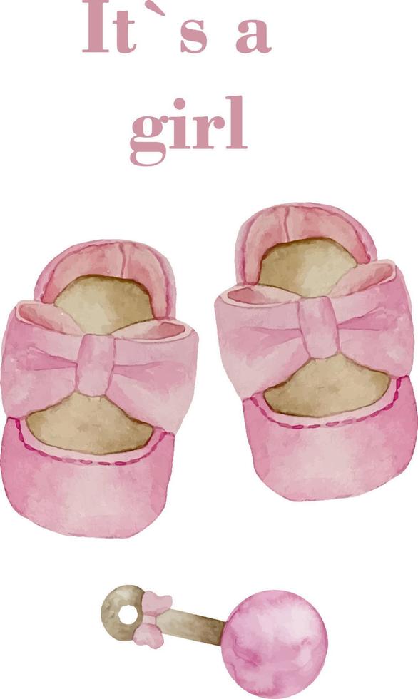 Aquarell-Baby-Dusche-Set. es ist ein Mädchenthema mit Schuhen. es ist eine Mädchenillustration vektor