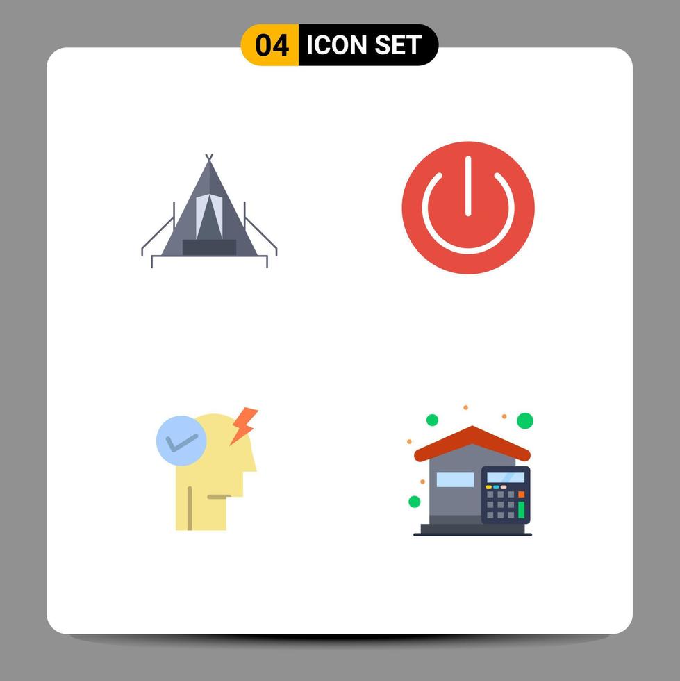 flaches Icon-Set für mobile Schnittstellen mit 4 Piktogrammen von Zelt-Power-Campinggeräten, bearbeitbare Vektordesign-Elemente vektor