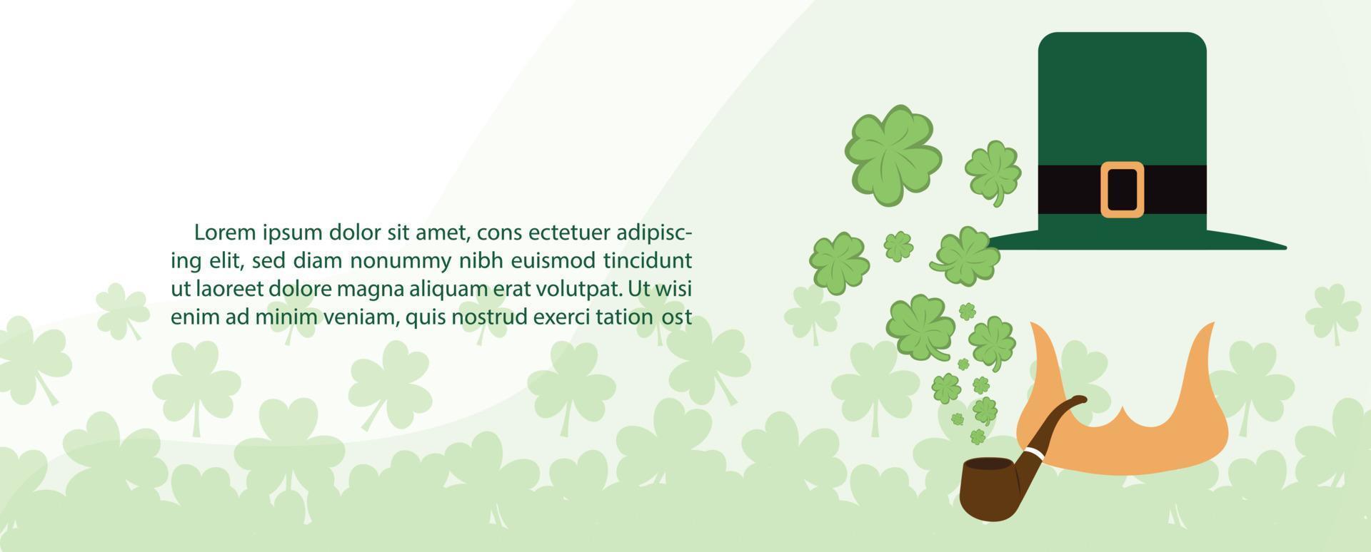 Zeichen des St. Patrick's Day im Cartoon und flachen Stil mit Beispieltexten auf grünem Silhouettenkleepflanzenhintergrund. vektor