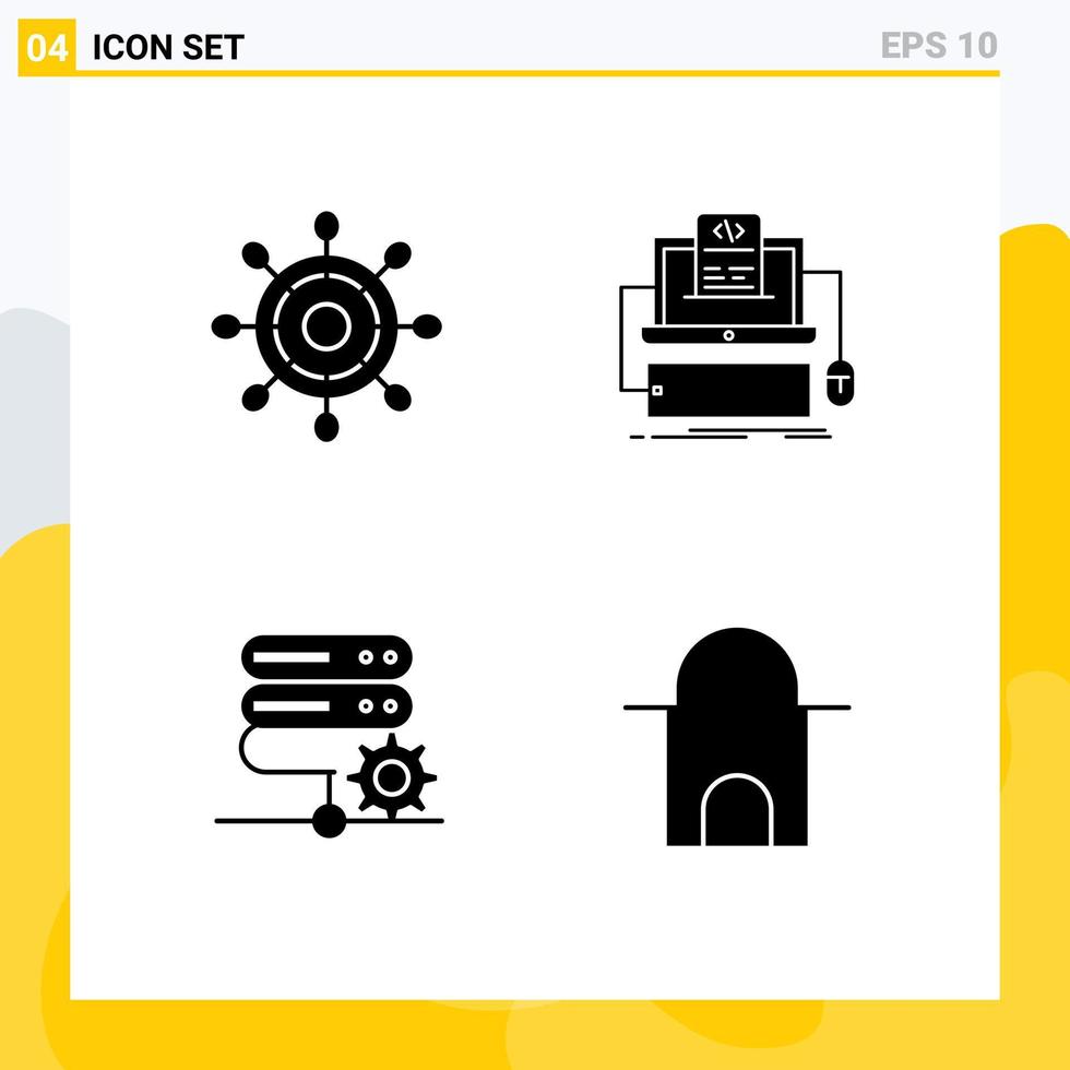 Packung mit 4 modernen Solid-Glyphen-Zeichen und Symbolen für Web-Printmedien wie Helm-Netzwerkcode-Monoblock-Einstellung editierbare Vektordesign-Elemente vektor