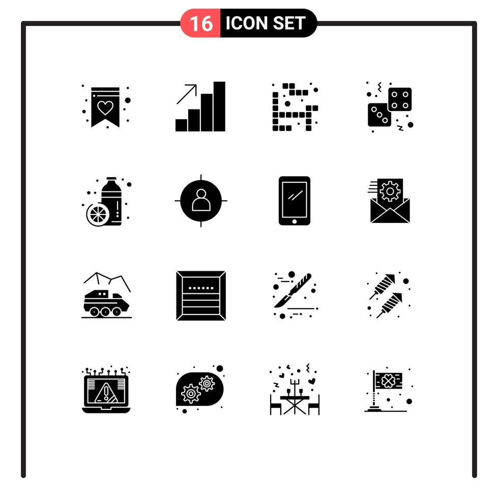 16 universell fast glyfer uppsättning för webb och mobil tillämpningar juice diet spela flaska hasardspel redigerbar vektor design element