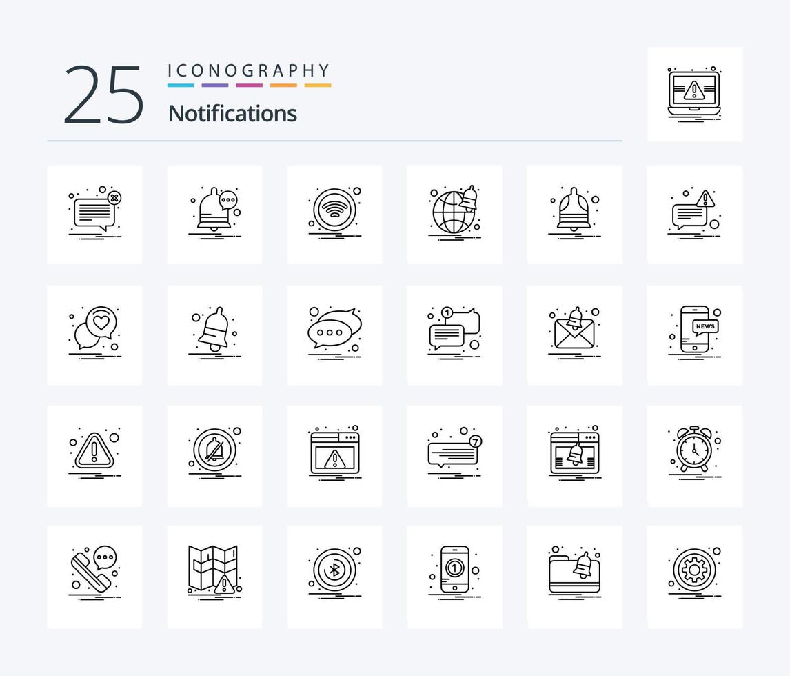 Benachrichtigungen 25-Zeilen-Icon-Paket inklusive Benachrichtigung. Glocke. Technologie. Webseite. Browser vektor