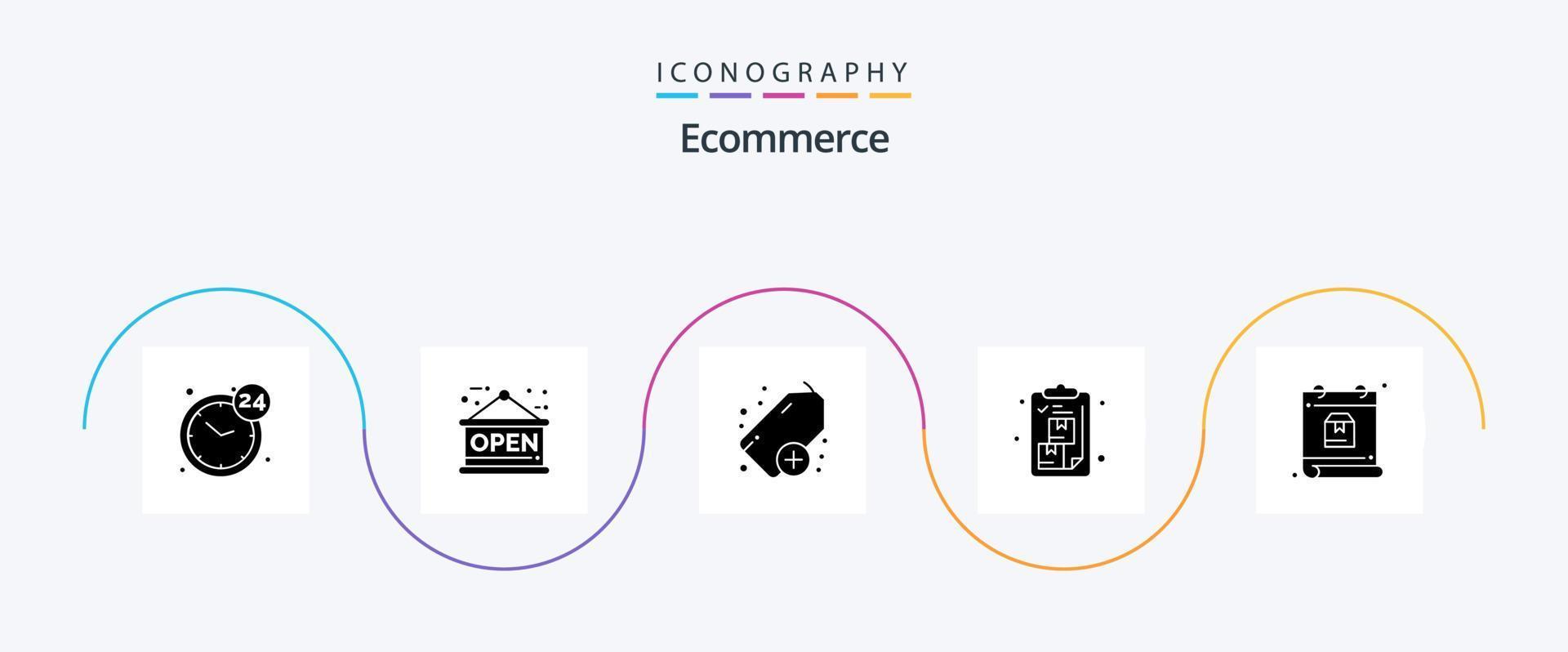 E-Commerce Glyph 5 Icon Pack inklusive Tag. Paket. hinzufügen. Liste. Zwischenablage vektor